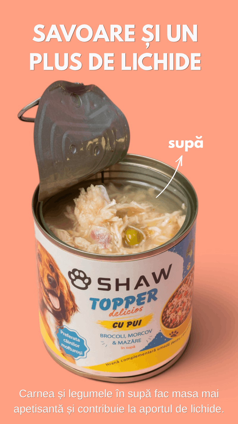 Topper premium pentru câini SHAW cu piept de pui, morcov, broccoli și mazăre în supă, hrană umedă complementară, 170 g