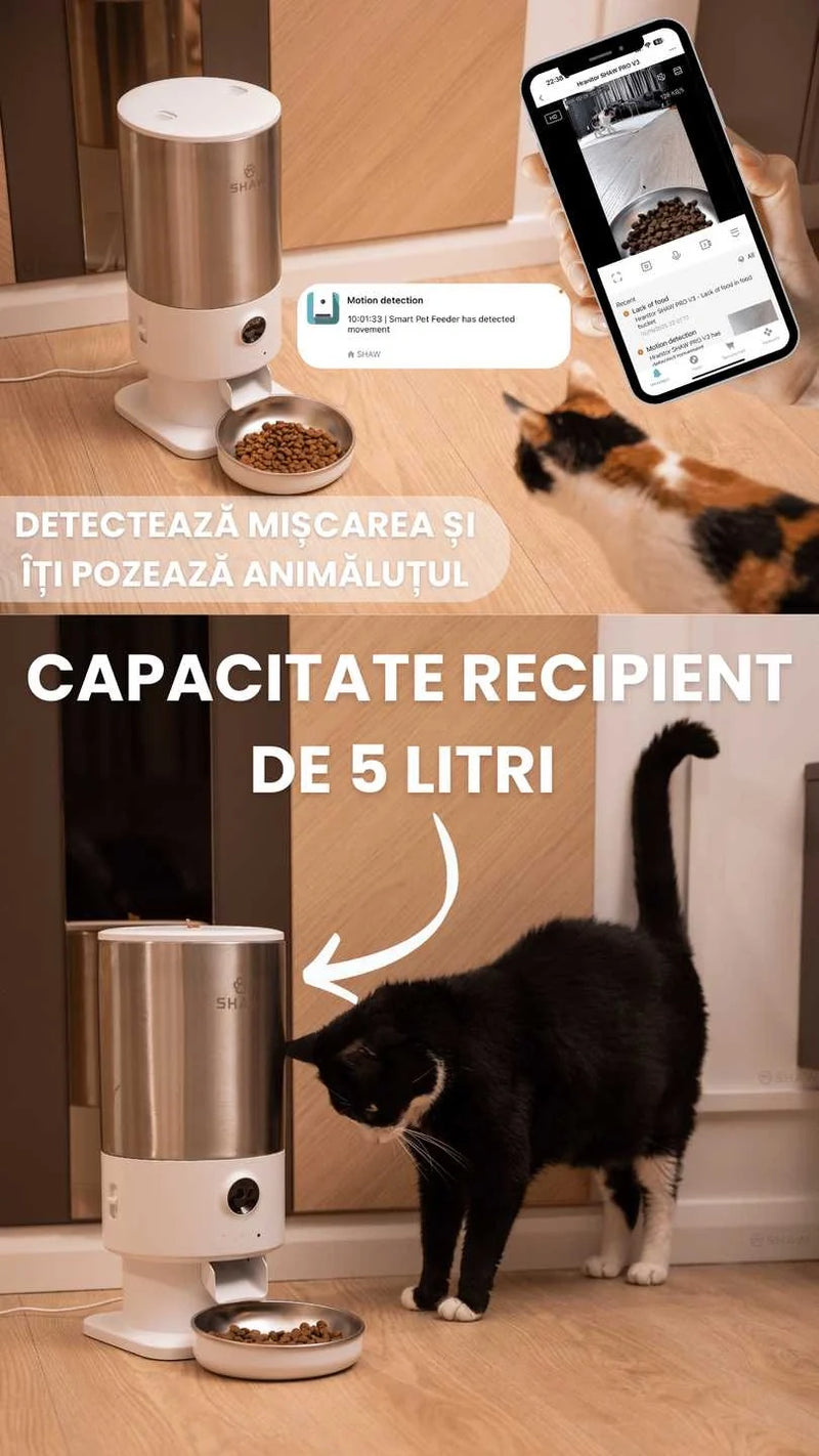 Hranitor automat Smart SHAW® PRO V3 pentru caini si pisici, Aplicatie mobila, Camera video Night Vision, Programare hrana, Negru