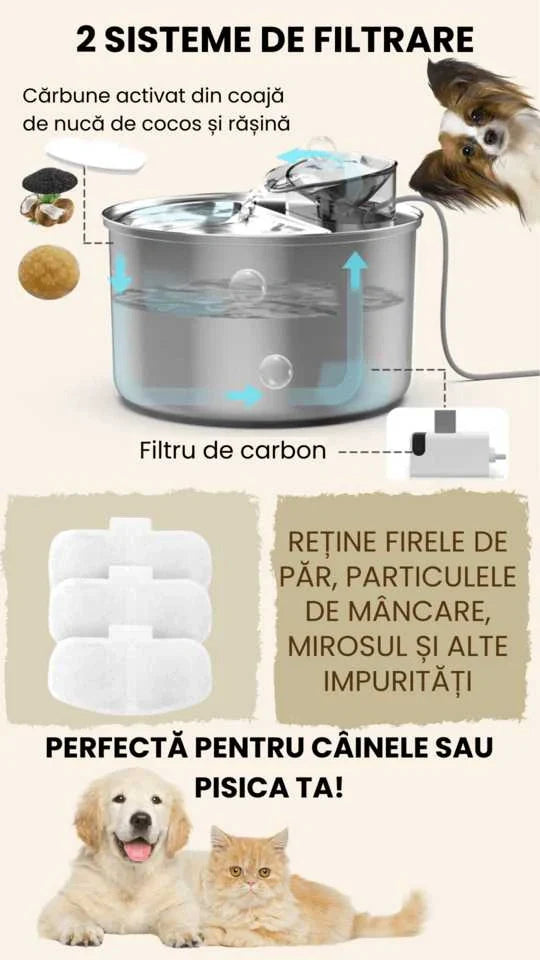 Fantana de apa SHAW® inox, filtrare apa, 4L, argintiu