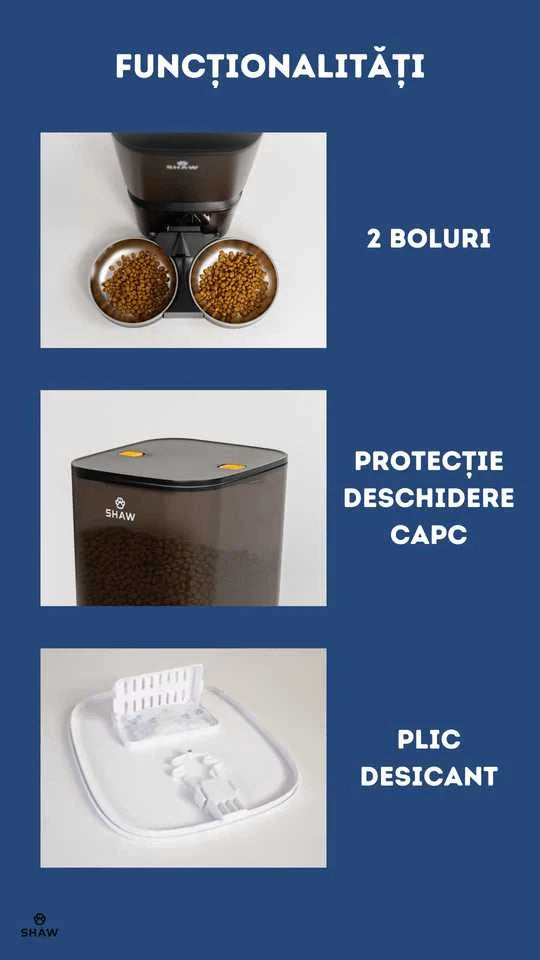 Hranitor automat smart SHAW® pentru caini si pisici, aplicatie mobila, 7L, programare hranire, camera reglabila, 2 boluri, negru