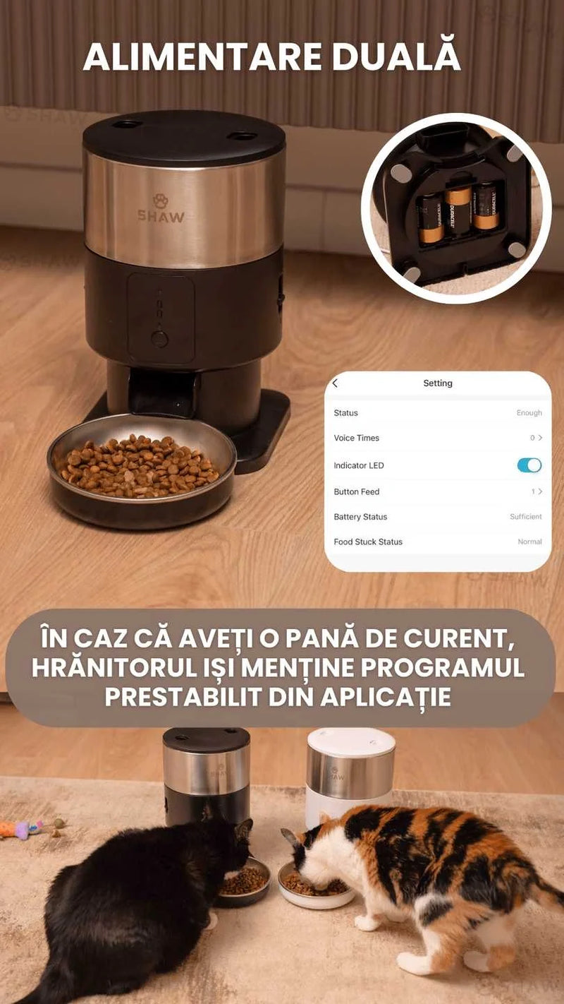 Hranitor automat Smart SHAW® PRO V3 mini pentru caini si pisici, Aplicatie mobila, Programare hrana, Alb