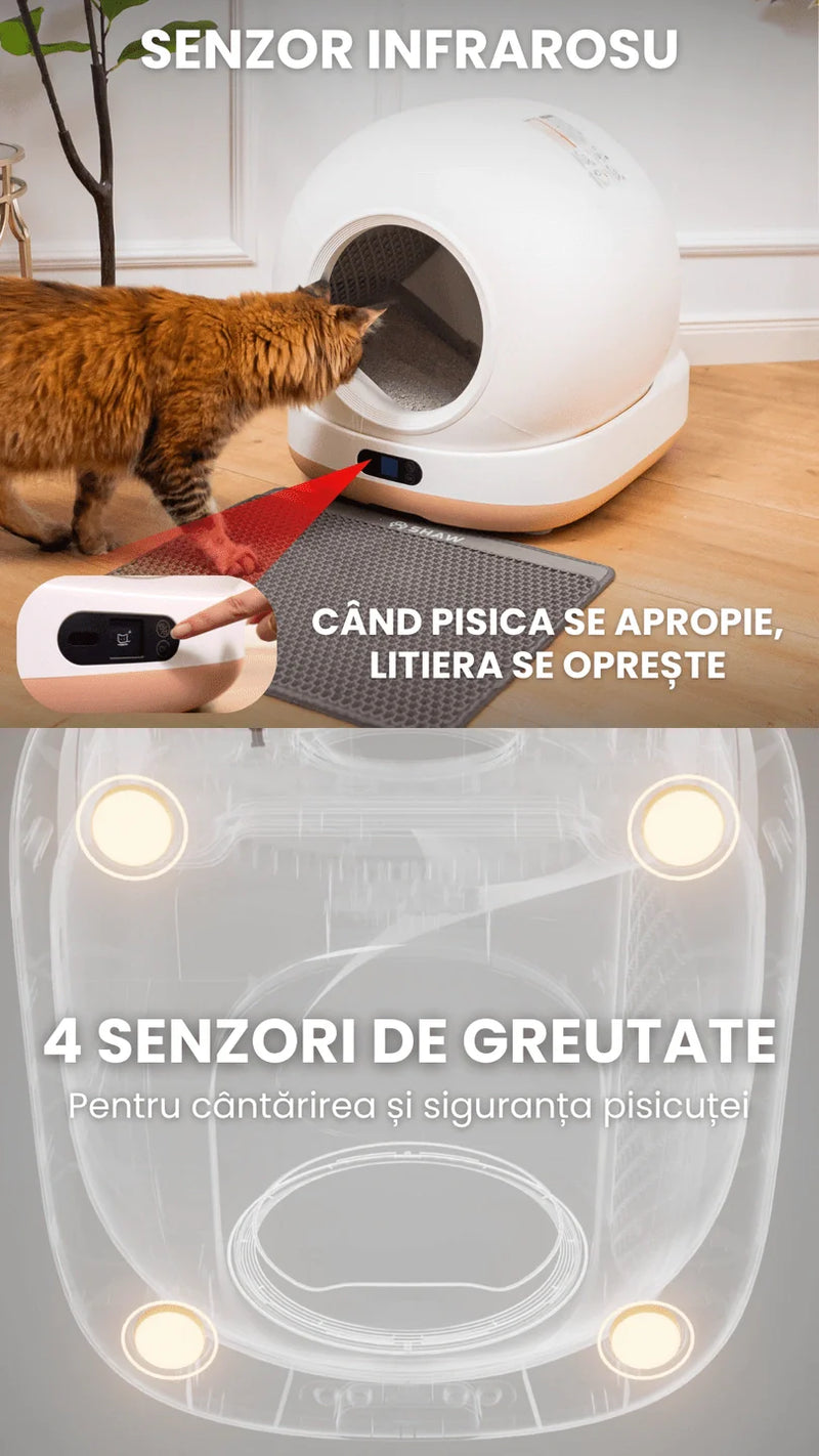 Litiera automata smart SHAW® Ultra View pentru pisici, camera video, auto-curatare, sterilizare UV, odorizant, aplicatie mobila