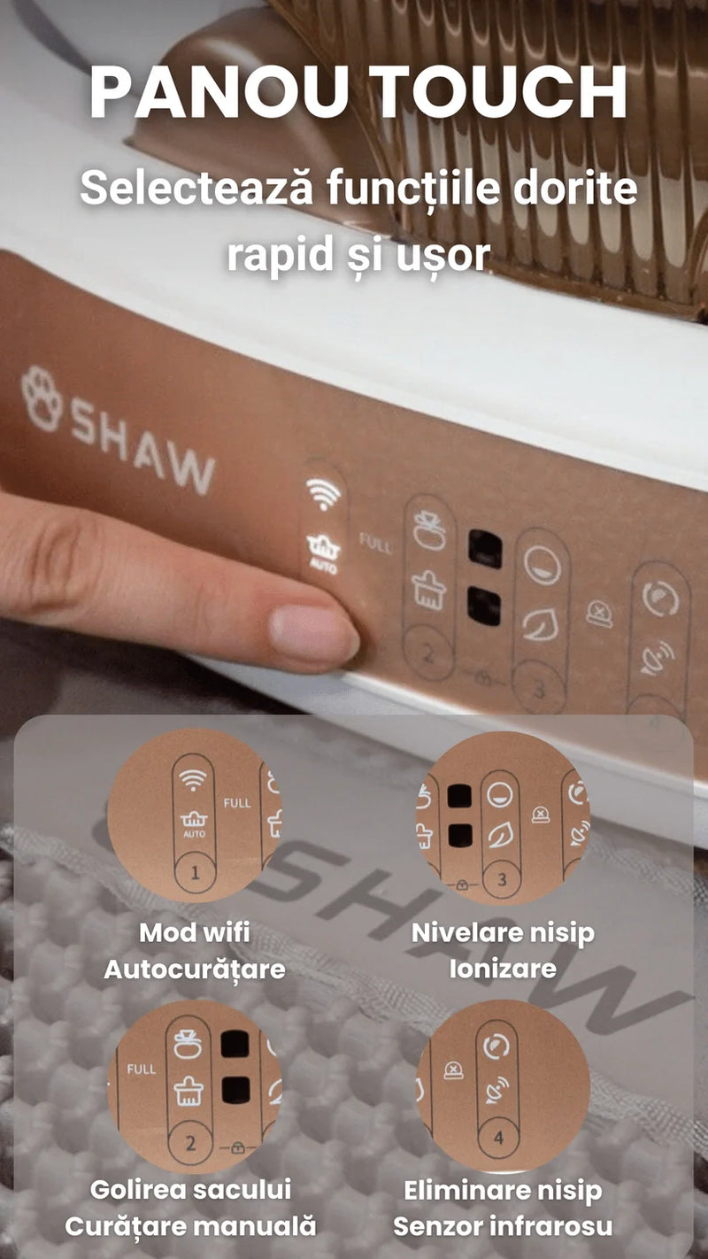 Litiera automata smart SHAW® V4 pentru pisici, auto-curatare, eliminare mirosuri prin ionizare, aplicatie mobila, 9L