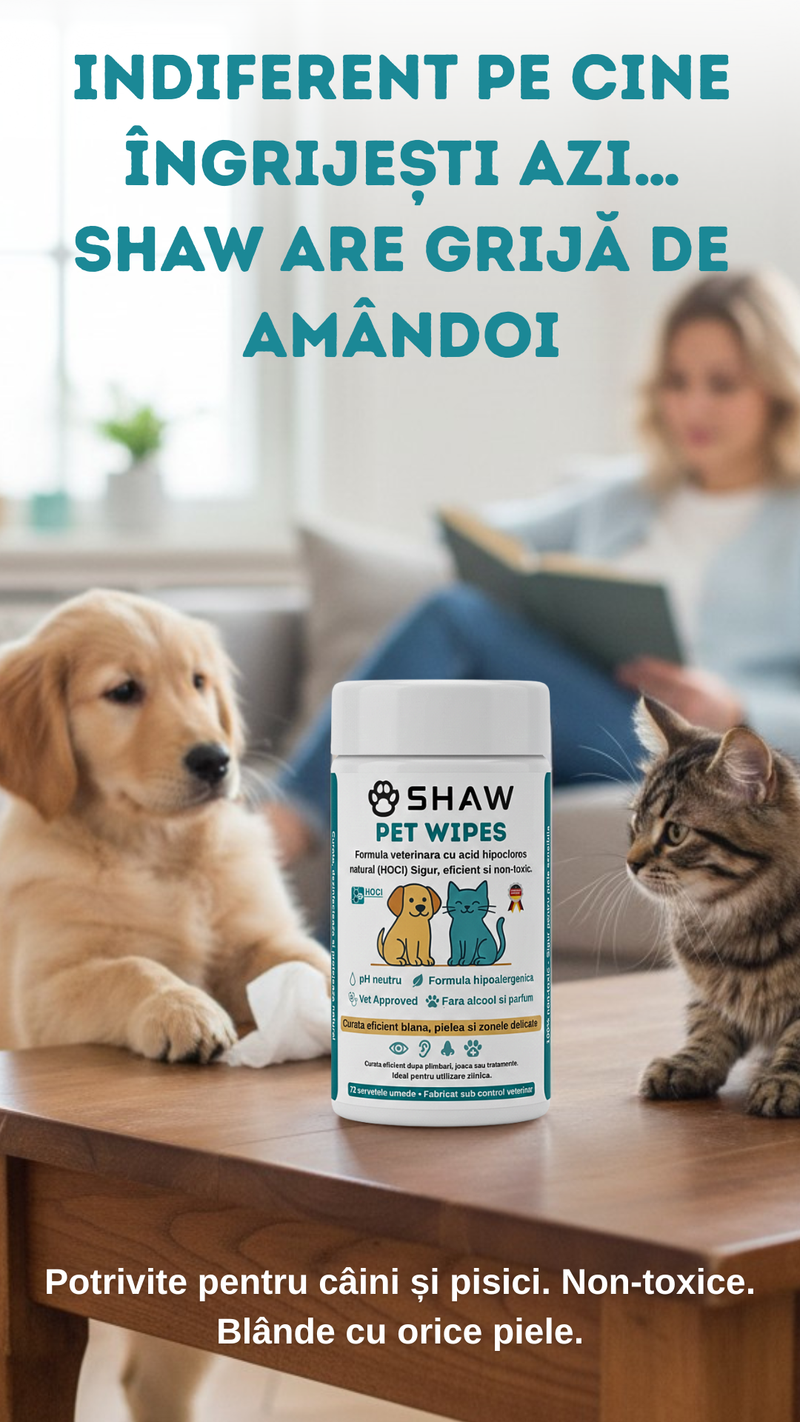 Servetele umede SHAW Pet Wipes pentru caini si pisici, cu acid hipocloros HOCl, non-toxic, hipoalergenic, vet approved