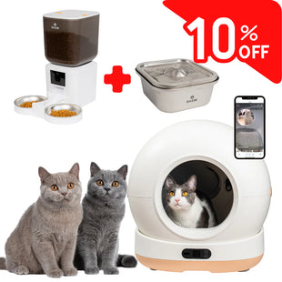 Kit Litiera Ultra View Bej, Hranitor 2 Boluri cu camera alb, Fantana de apa inox cu aplicati