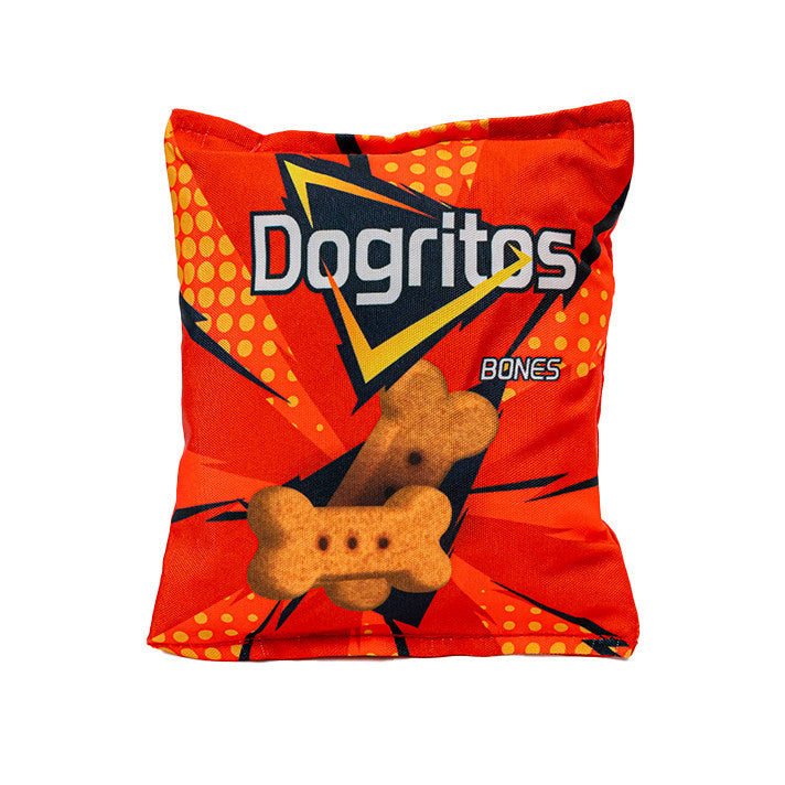 Set 2x Jucarie pentru caini tip pernuta de ros, SHAW, design punga chipsuri amuzante, Dogritos si Kennei