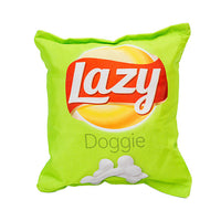 Set 2x Jucarie pentru caini tip pernuta de ros, SHAW, design punga chipsuri amuzante, Lazy si Boom