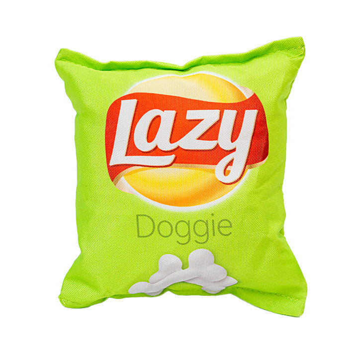 Set 2x Jucarie pentru caini tip pernuta de ros, SHAW, design punga chipsuri amuzante, Lazy si Boom