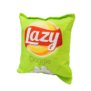 Set 2x Jucarie pentru caini tip pernuta de ros, SHAW, design punga chipsuri amuzante, Lazy si Boom