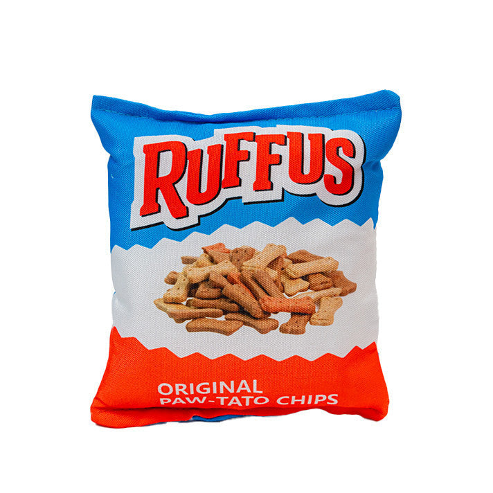 Set 2x Jucarie pentru caini tip pernuta de ros, SHAW, design punga chipsuri amuzante, Ruffus si Furitos