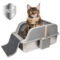 Litiera inox SHAW® XL pentru pisici, cu prag multifunctional si lopatica incluse, usor de curatat, rezistenta