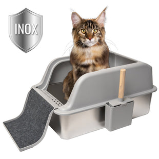 Litiera inox SHAW® XL pentru pisici, cu prag multifunctional si lopatica incluse, usor de curatat, rezistenta