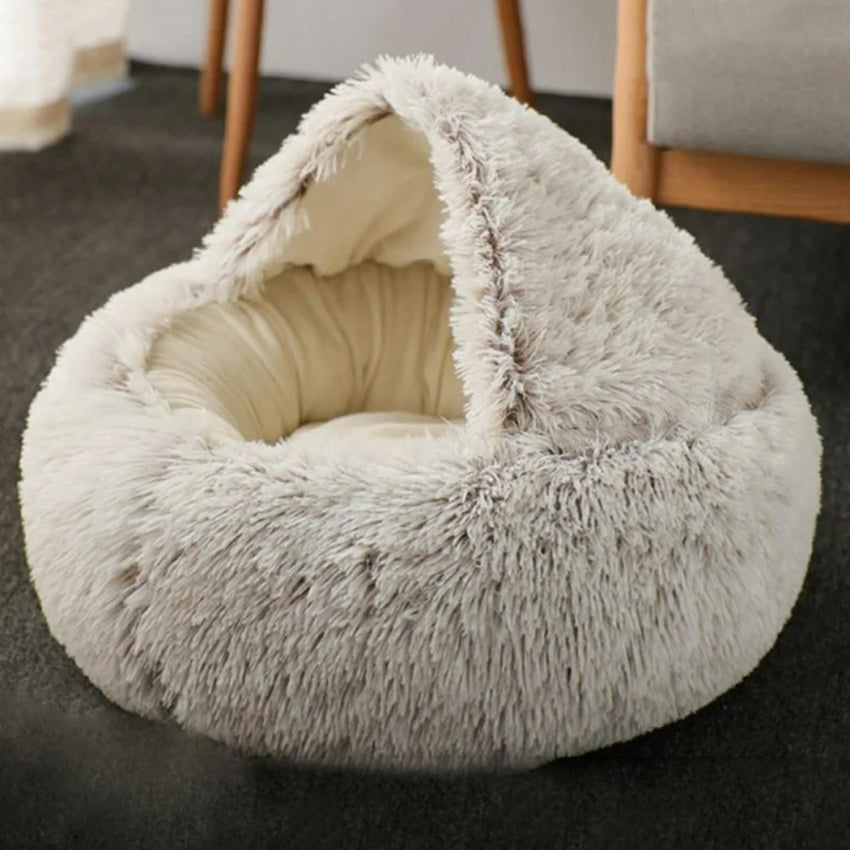 Pat Pufos pentru Pisici si Caini - Cald, Confortabil si Lavabil - Culoare Gri cu Bej