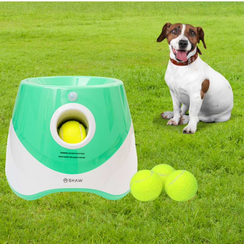 Aruncator automat de mingi tip lansator pentru caini, SHAW, incarcare USB, senzor miscare, 3 mingi incluse