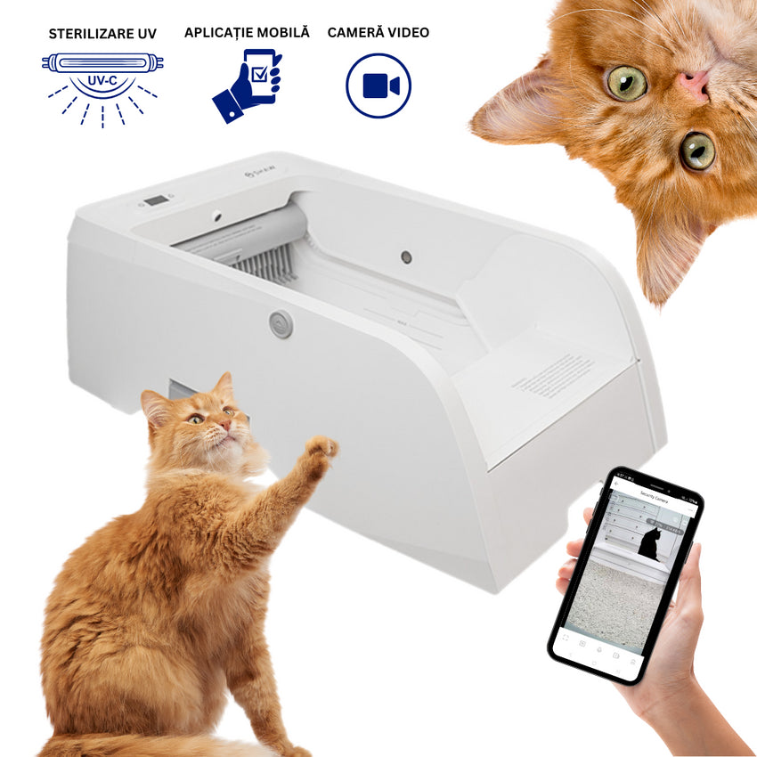 Litiera automata deschisa SHAW® pentru pisici de pana la 20kg, aplicatie mobila, camera video, sterilizare UV