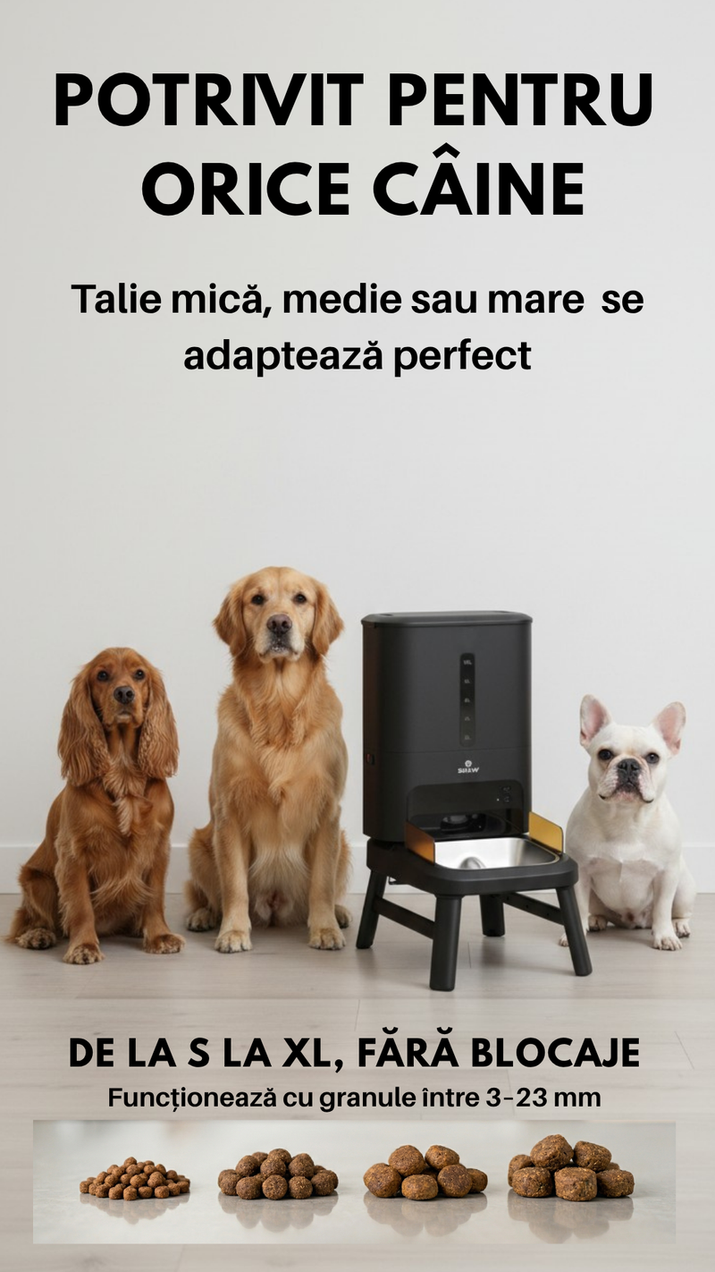 Hranitor automat smart SHAW® Titan pentru caini, aplicatie mobila, 15L, programare hranire, negru