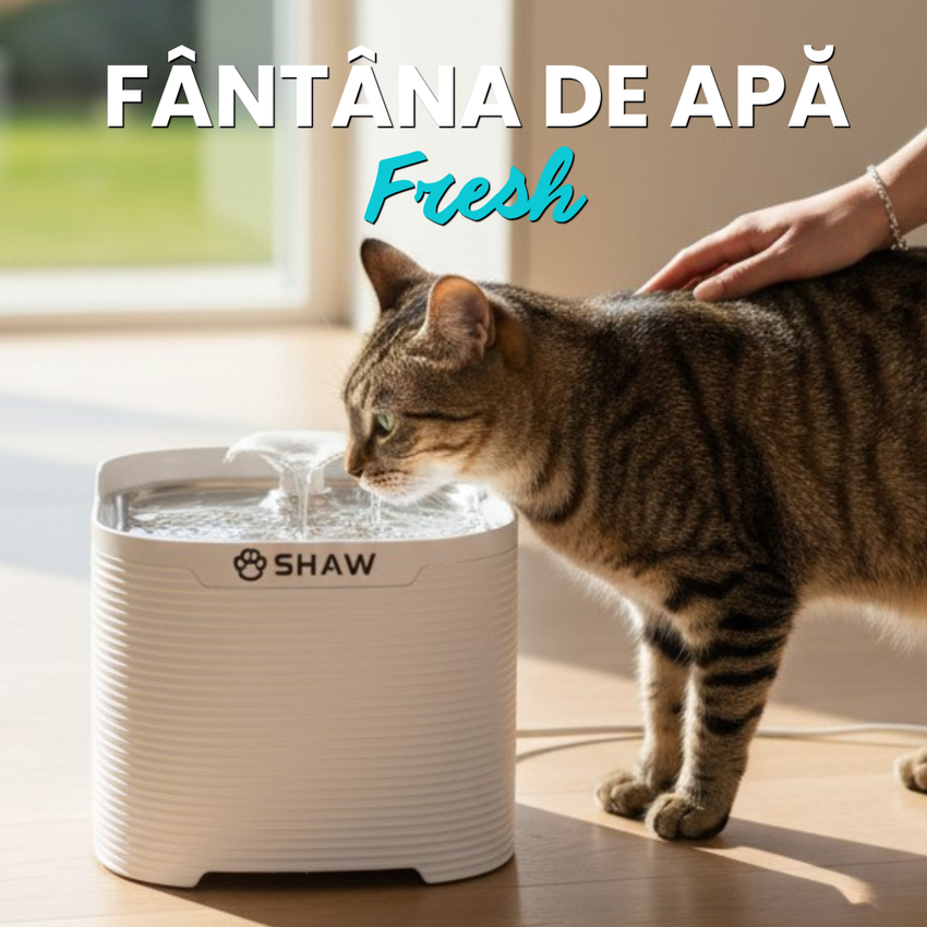 Fantana automata de apa SHAW Fresh pentru caini si pisici, tava din inox, capacitate 2.5L, pompa silentioasa, apa filtrata continuu