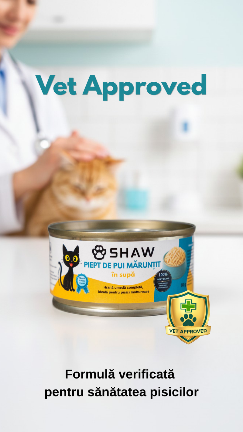 Hrana umeda premium SHAW pentru pisici adulte si mofturoase cu piept de pui maruntit in supa, fara cereale, 80g