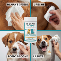 Servetele umede SHAW Pet Wipes pentru caini si pisici, cu acid hipocloros HOCl, non-toxic, hipoalergenic, vet approved