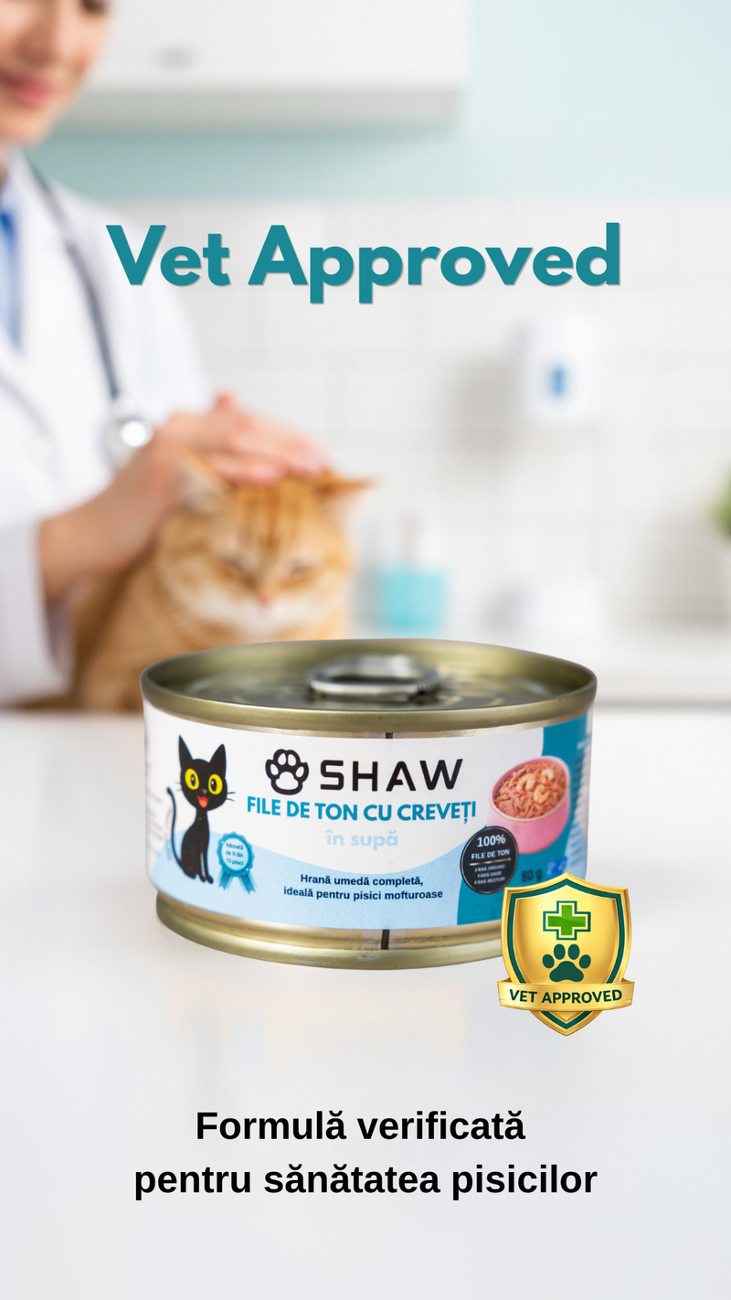 Hrana umeda premium SHAW pentru pisici adulte si mofturoase cu file de ton si creveti in supa, fara cereale, 80g