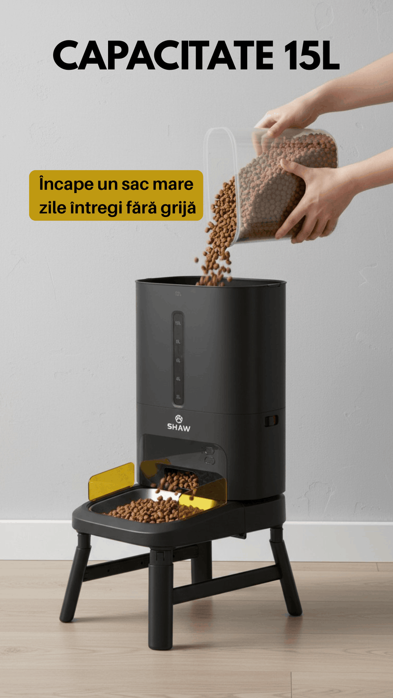 Hranitor automat smart SHAW® Titan PRO pentru caini, aplicatie mobila, camera video, 15L, programare hranire, negru