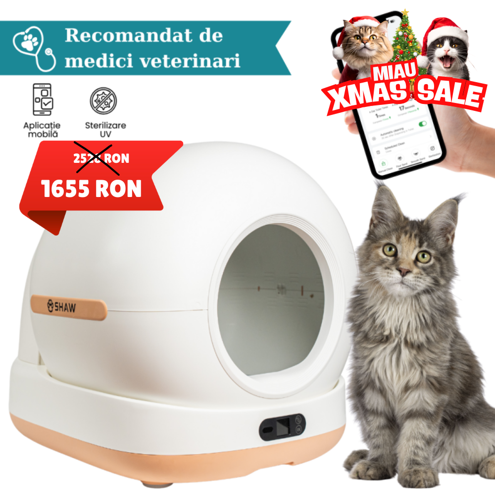 Litiera automata smart SHAW® Ultra pentru pisici, auto-curatare, sterilizare UV, odorizant, aplicatie mobila, bej