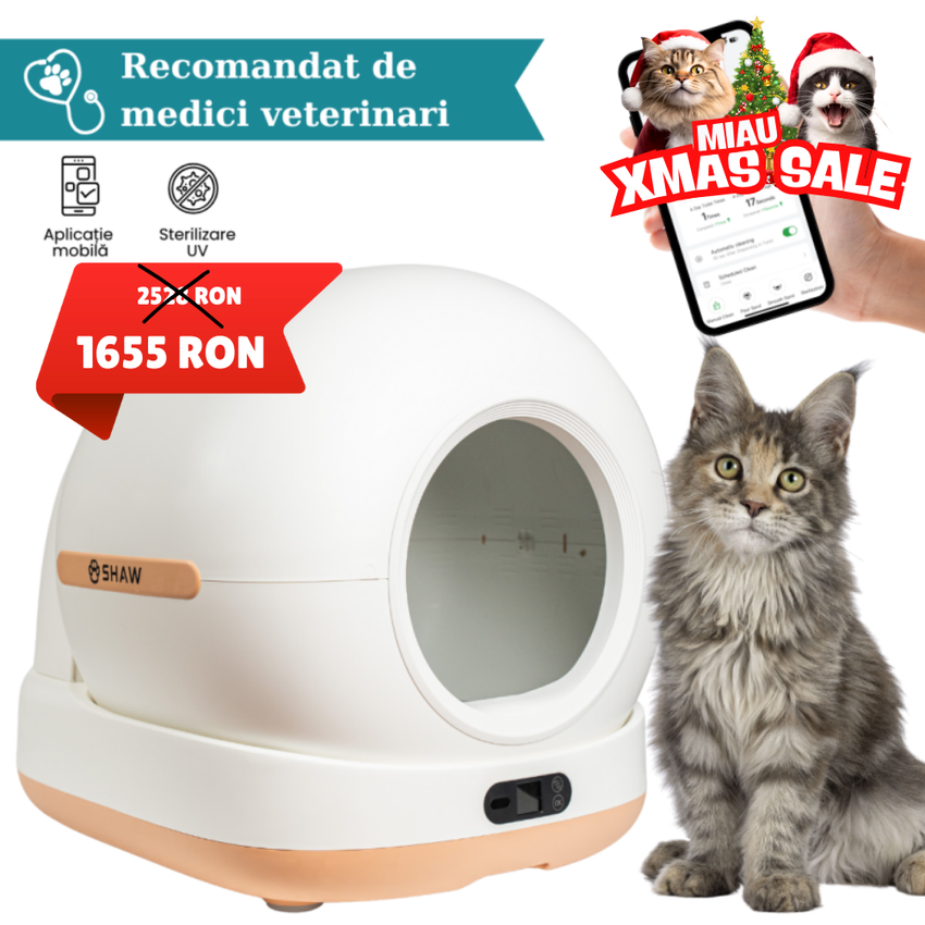 Litiera automata smart SHAW® Ultra pentru pisici, auto-curatare, sterilizare UV, odorizant, aplicatie mobila, bej