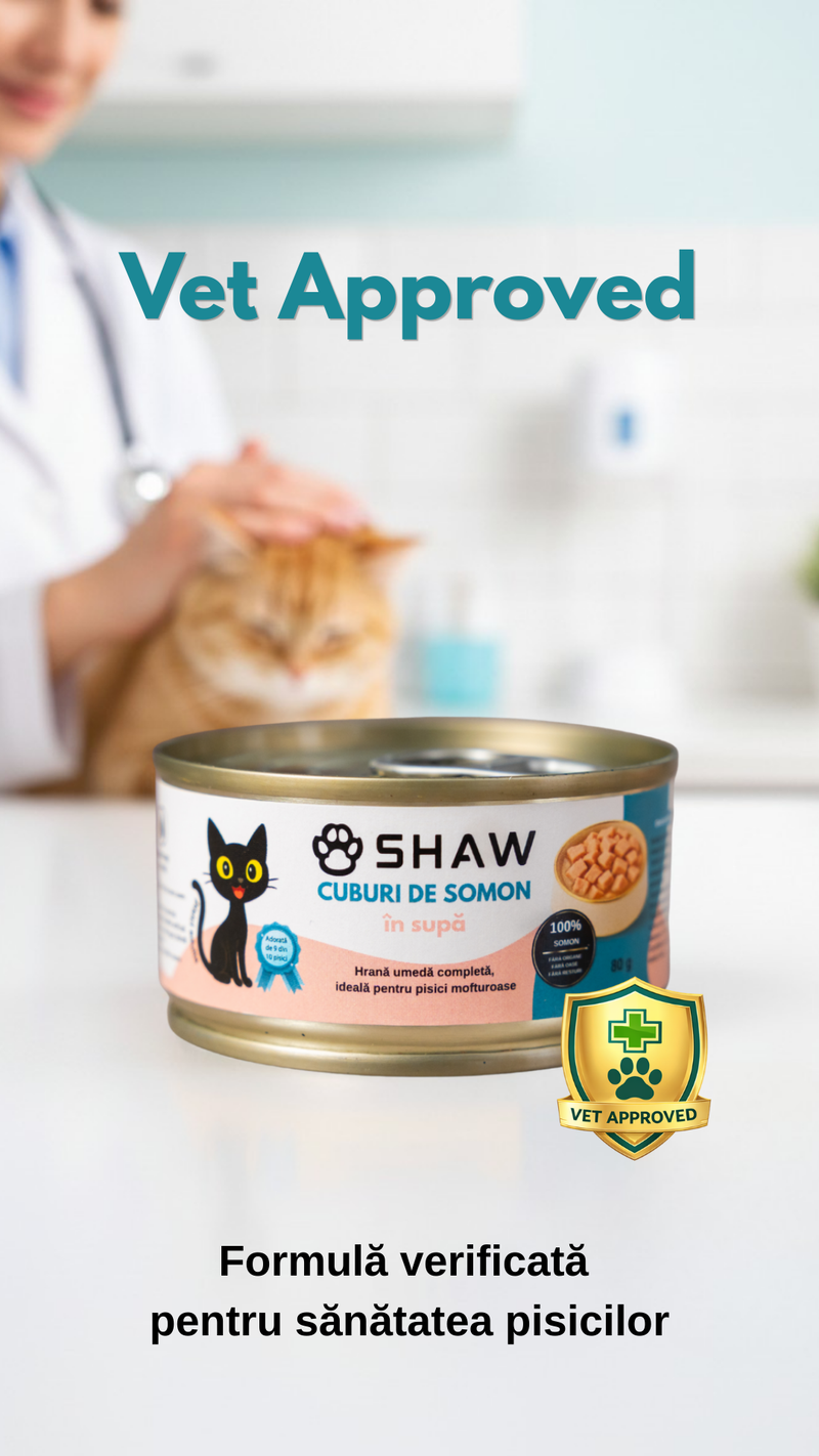 Hrana umeda premium SHAW pentru pisici adulte si mofturoase cuburi de somon in supa, fara cereale, 80g