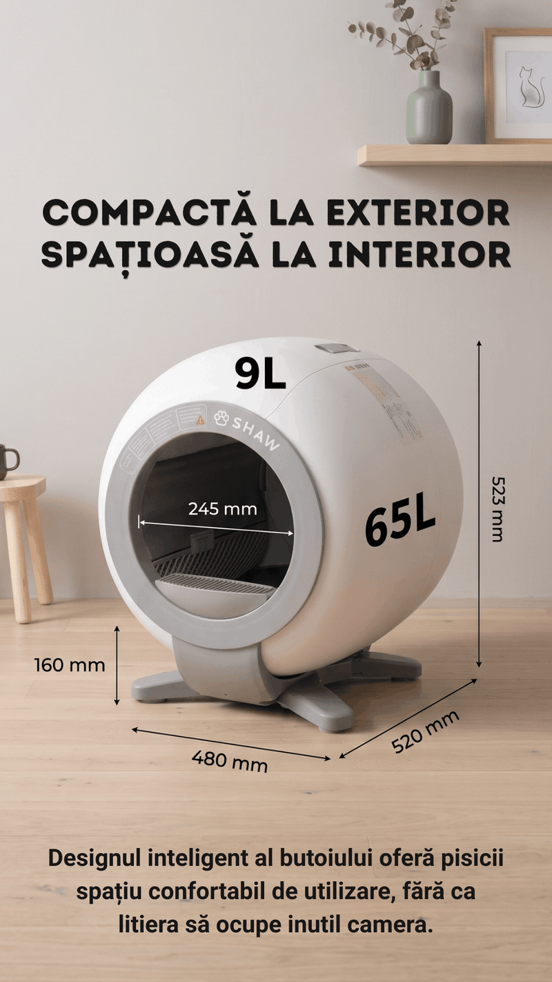 Litiera automata smart SHAW® LUNA pentru pisici, auto-curatare, izolare mirosuri, aplicatie mobila, 9L