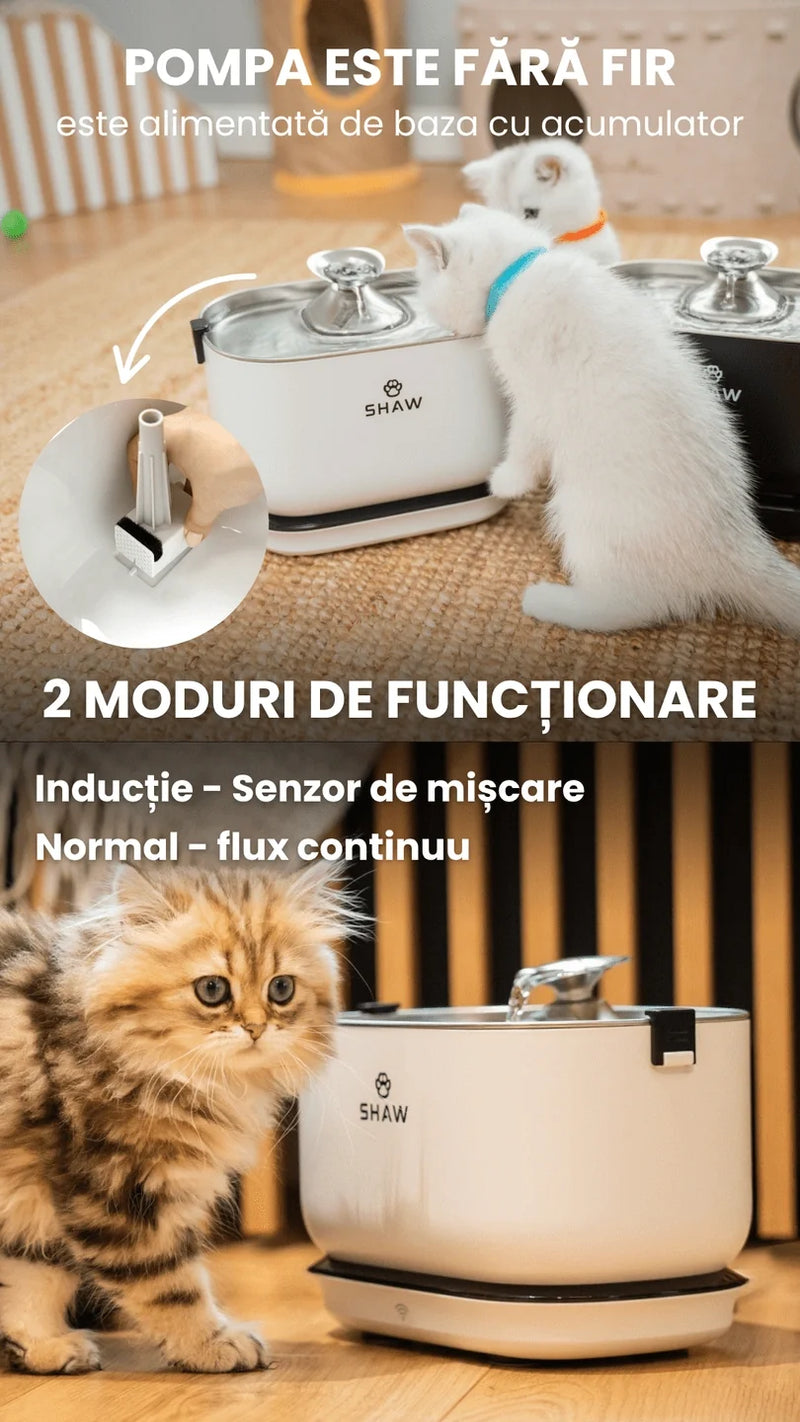 Fantana de apa smart SHAW® PRO V3 cu baterie si senzor, aplicatie mobila, sterilizare UV, pompa prin inductie, sistem filtrare, Negru