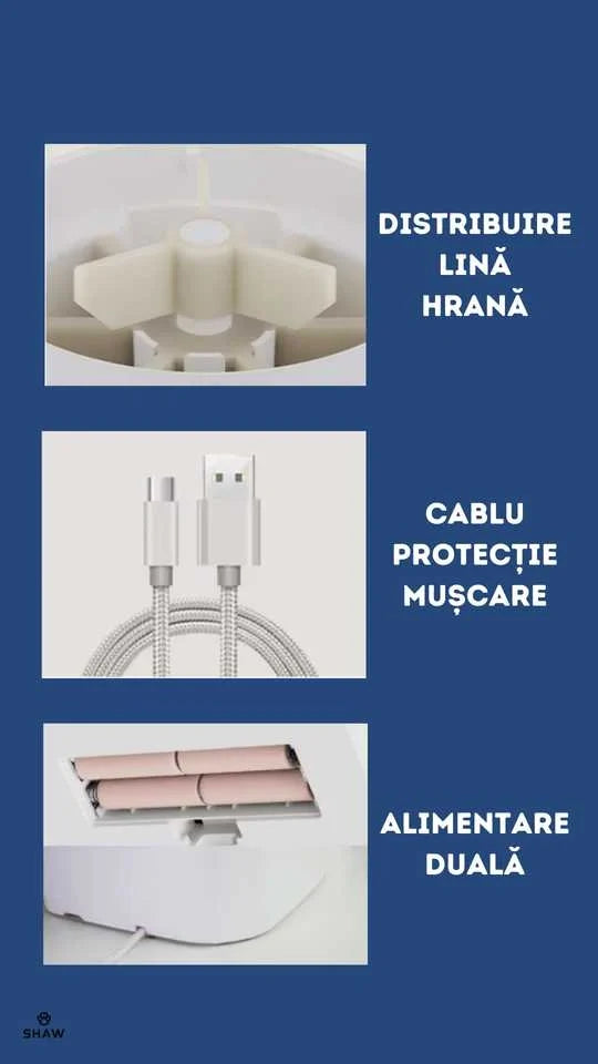 Hranitor automat smart SHAW® pentru caini si pisici, aplicatie mobila, 7L, programare hranire, camera reglabila, 2 boluri, alb