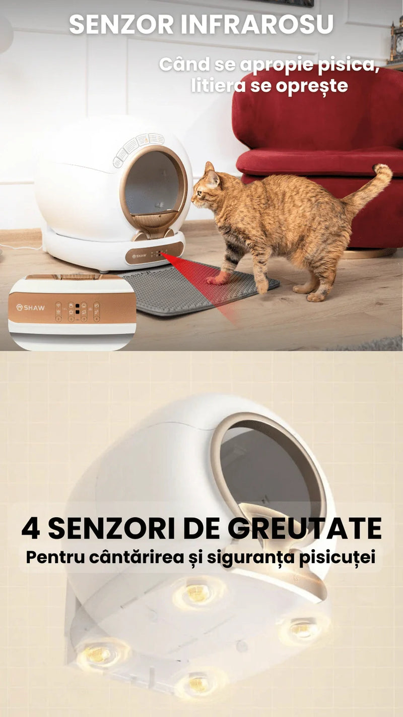 Litiera automata smart SHAW® V4 pentru pisici, auto-curatare, eliminare mirosuri prin ionizare, aplicatie mobila, 9L