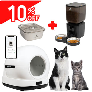 Kit Litiera Ultra Negru, Hranitor 2 Boluri cu camera Negru, Fantana de apa inox cu aplicati