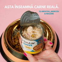 Topper premium pentru câini SHAW cu piept de pui, morcov, broccoli și mazăre în supă, hrană umedă complementară, 170 g