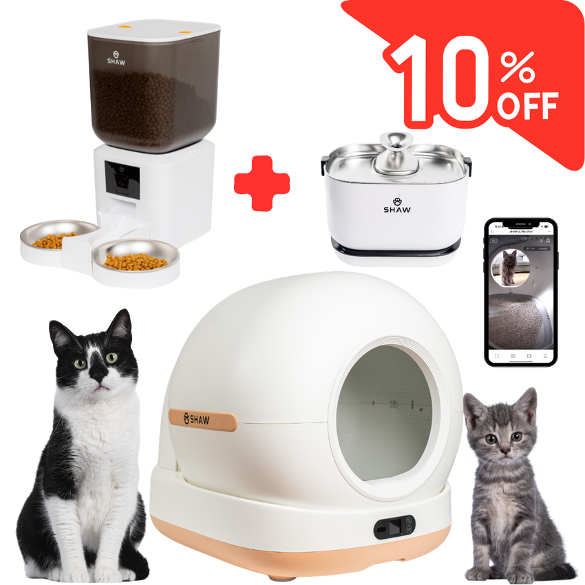 Kit Litiera SHAW Ultra View bej + Hranitor 2 boluri alb + Fantana PRO V3 fara aplicatie alb