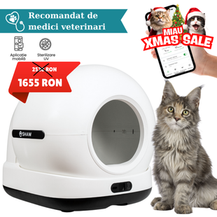 Litiera automata smart SHAW® Ultra pentru pisici, auto-curatare, sterilizare UV, odorizant, aplicatie mobila, negru