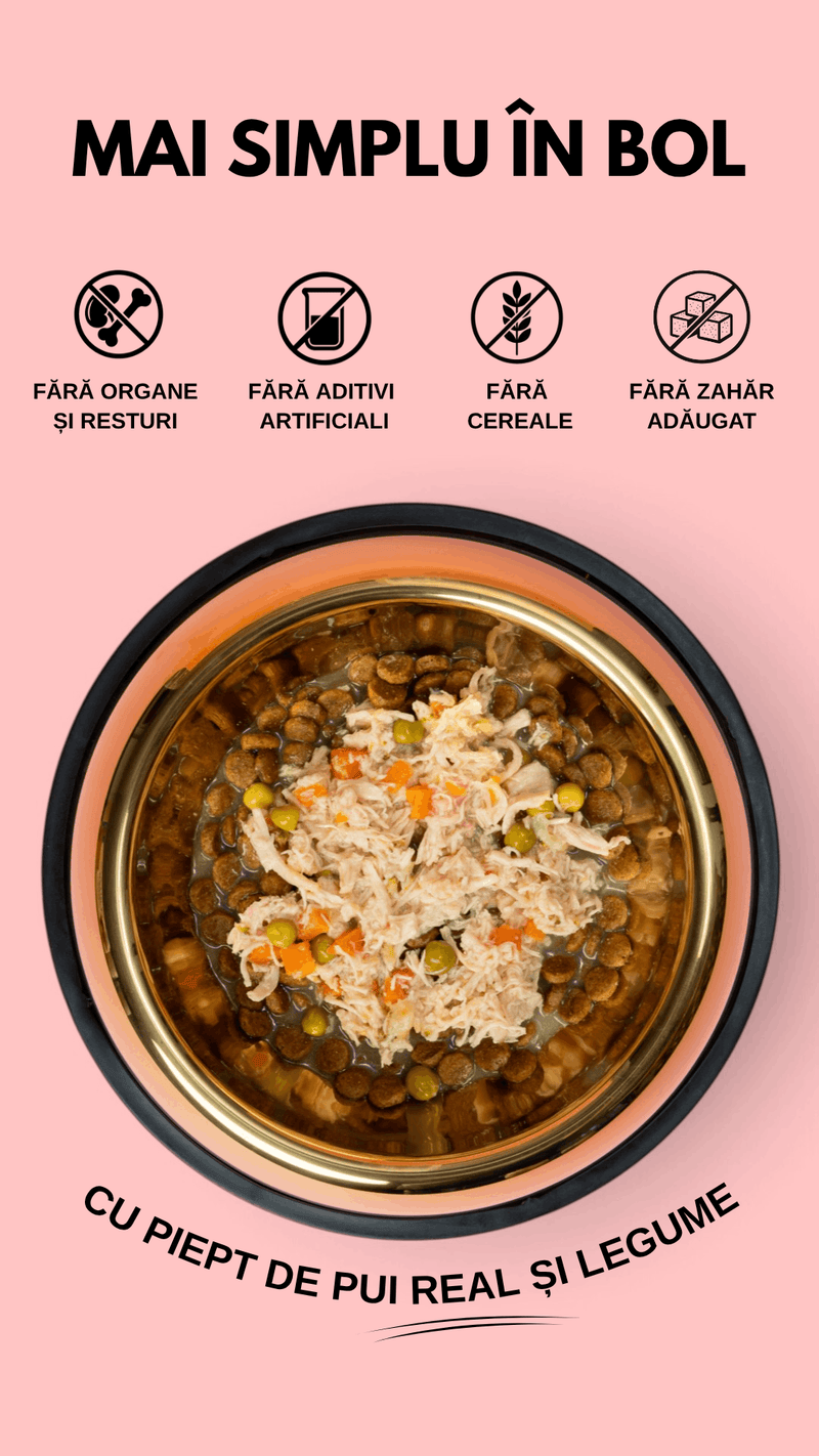 Topper premium pentru câini SHAW cu piept de pui, morcov, broccoli și mazăre în supă, hrană umedă complementară, 170 g