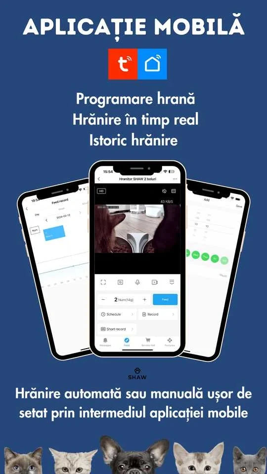 Hranitor automat smart SHAW® pentru caini si pisici, aplicatie mobila, 7L, programare hranire, camera reglabila, 2 boluri, negru