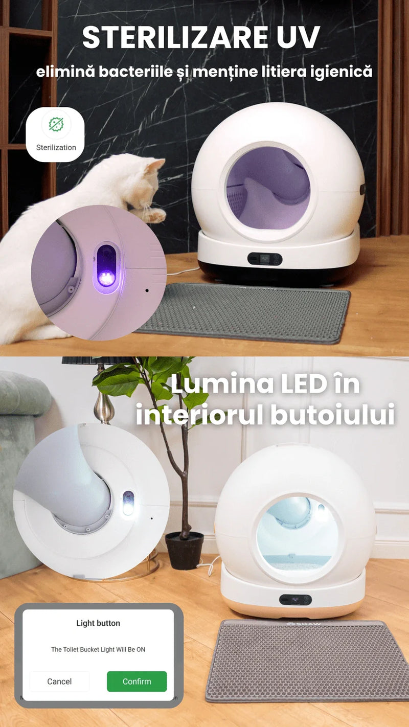 Litiera automata smart SHAW® Ultra View pentru pisici, camera video, auto-curatare, sterilizare UV, odorizant, aplicatie mobila