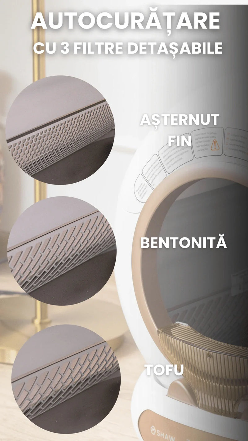 Litiera automata smart SHAW® V4 pentru pisici, auto-curatare, eliminare mirosuri prin ionizare, aplicatie mobila, 9L