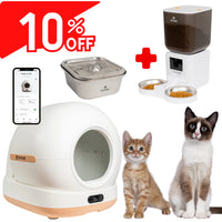 Kit Litiera Ultra Bej, Hranitor 2 Boluri cu camera alb, Fantana de apa inox cu aplicati