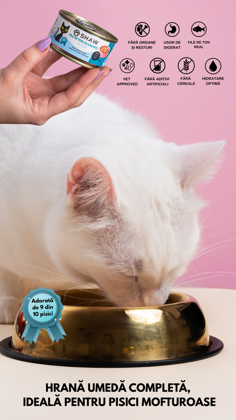 Hrana umeda premium SHAW pentru pisici adulte si mofturoase cu file de ton si creveti in supa, fara cereale, 80g
