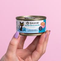 Hrana umeda premium SHAW pentru pisici adulte si mofturoase cu file de ton si creveti in supa, fara cereale, 80g