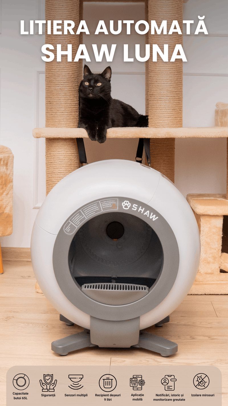 Litiera automata smart SHAW® LUNA pentru pisici, auto-curatare, izolare mirosuri, aplicatie mobila, 9L
