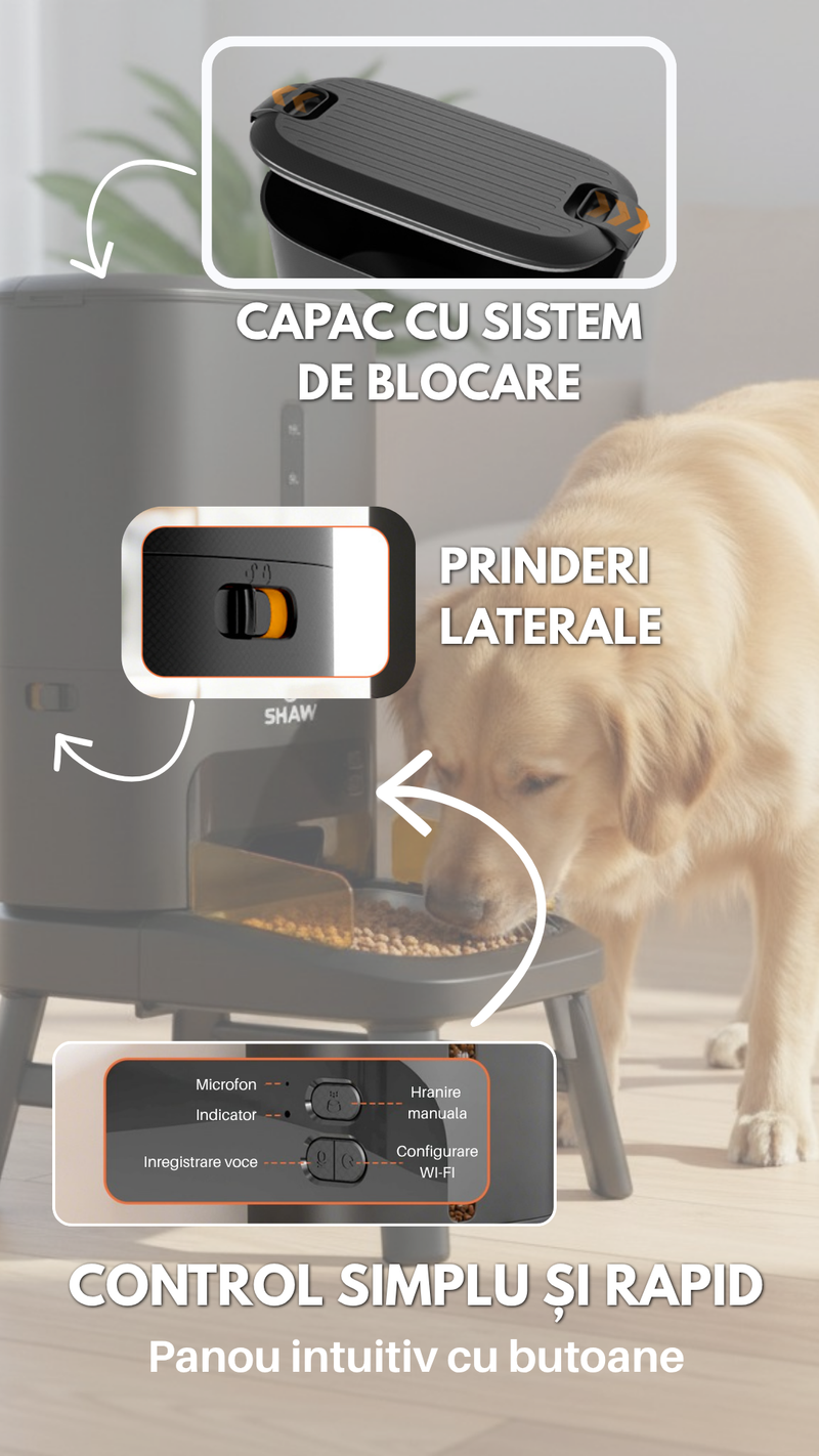 Hranitor automat smart SHAW® Titan pentru caini, aplicatie mobila, 15L, programare hranire, negru