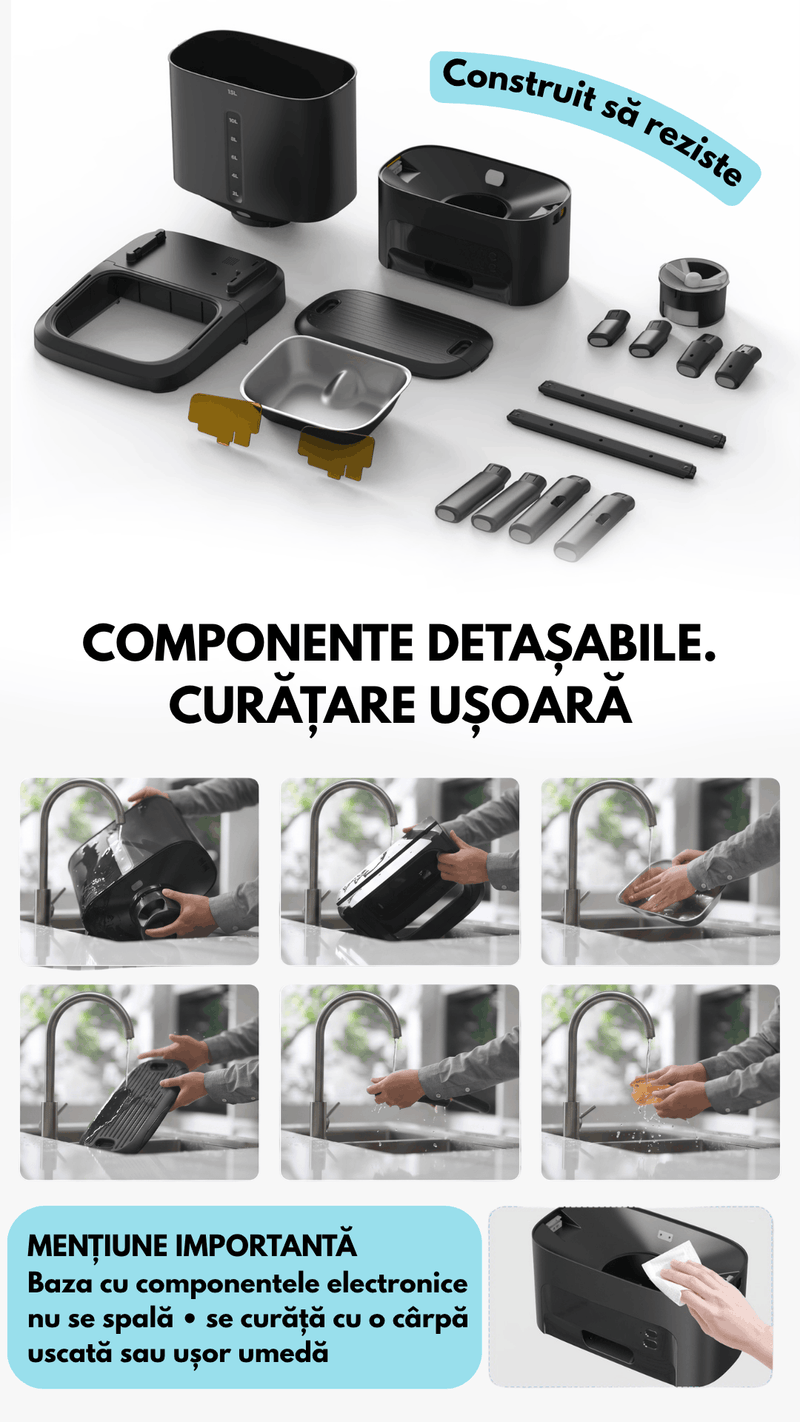Hranitor automat smart SHAW® Titan PRO pentru caini, aplicatie mobila, camera video, 15L, programare hranire, negru