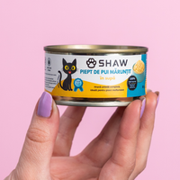Hrana umeda premium SHAW pentru pisici adulte si mofturoase cu piept de pui maruntit in supa, fara cereale, 80g
