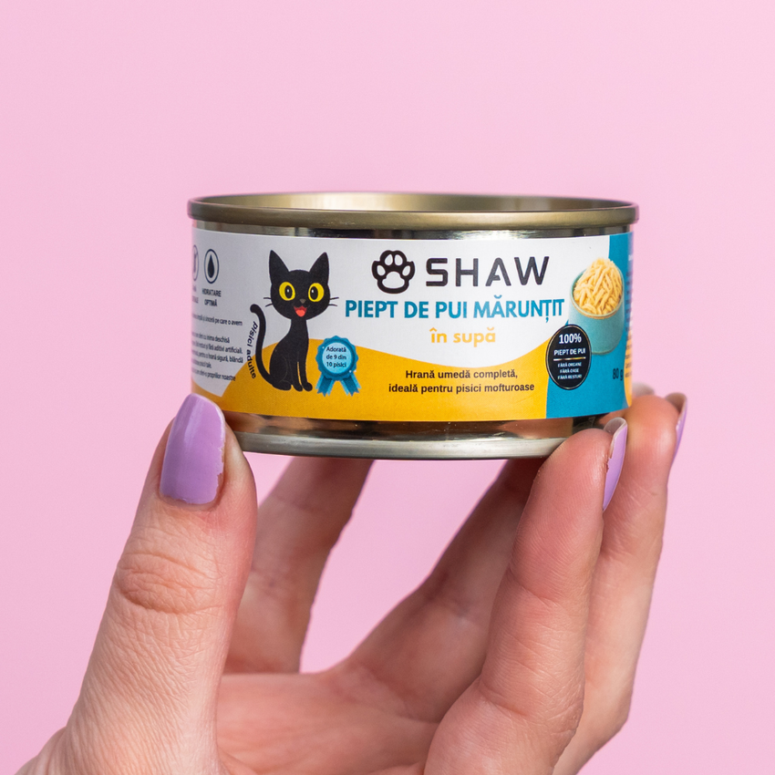 Hrana umeda premium SHAW pentru pisici adulte si mofturoase cu piept de pui maruntit in supa, fara cereale, 80g