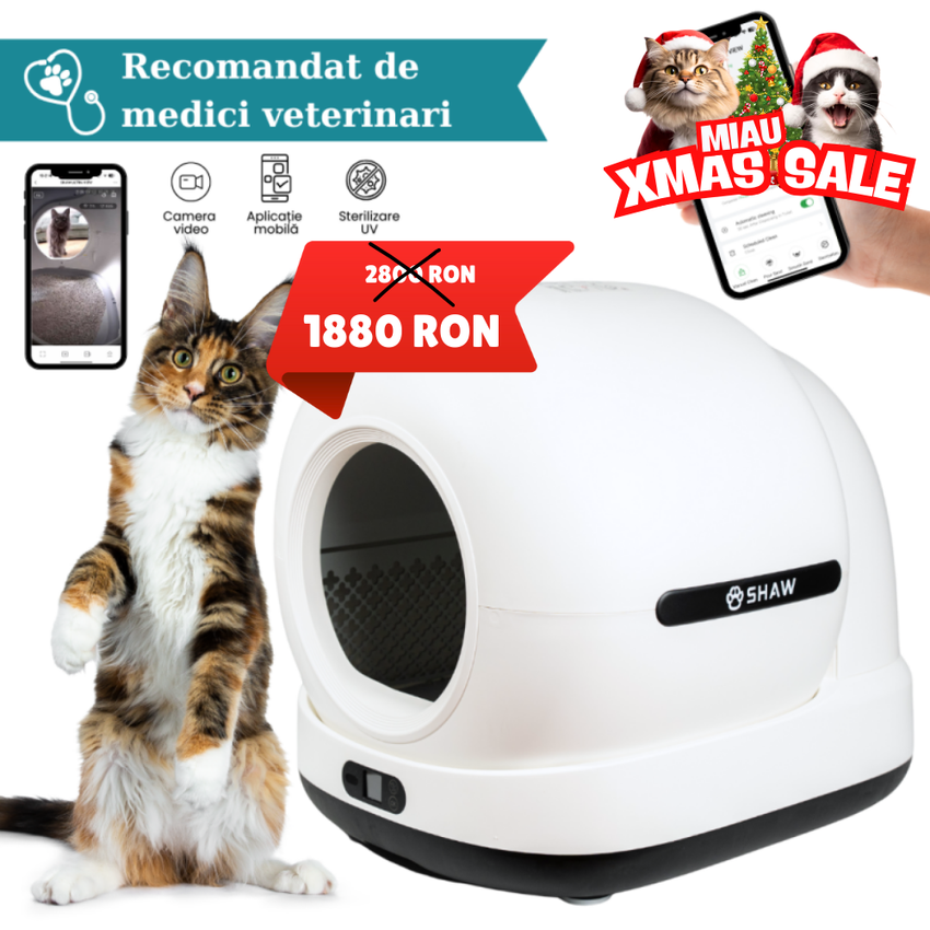 Litiera automata smart SHAW® Ultra View pentru pisici, camera video, auto-curatare, sterilizare UV, odorizant, aplicatie mobila