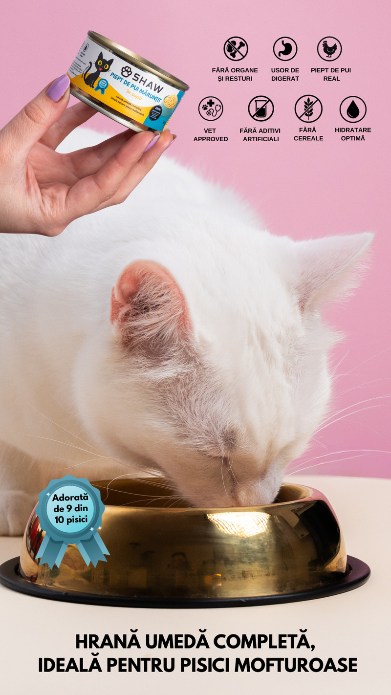 Hrana umeda premium SHAW pentru pisici adulte si mofturoase cu piept de pui maruntit in supa, fara cereale, 80g